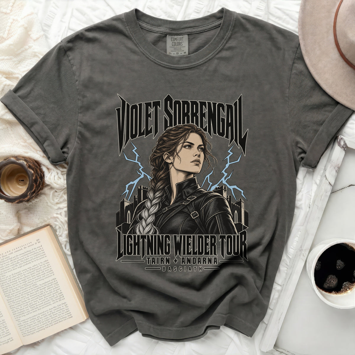 Violet Sorrengail "Lightning Wielder Tour" graphic t-shirt with Tairn and Andarna.