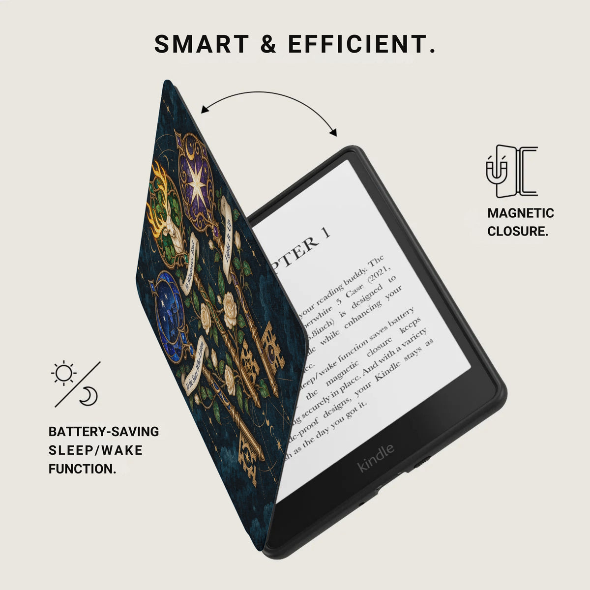 Kindle with decorative cover showing keys and celestial motifs, magnetic closure.