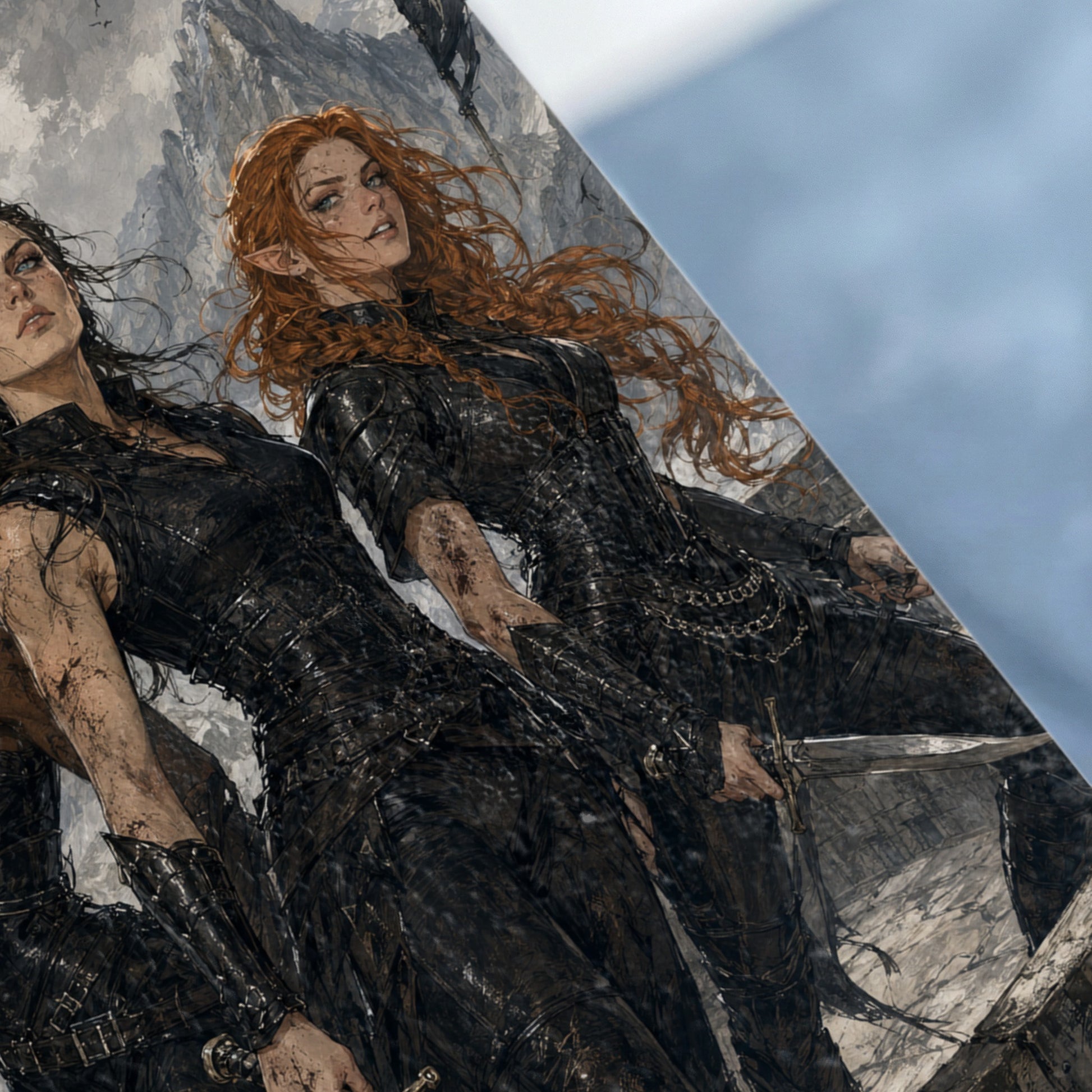 Two women in dark armor stand near a rocky cliff, one with red hair and pointed ears.