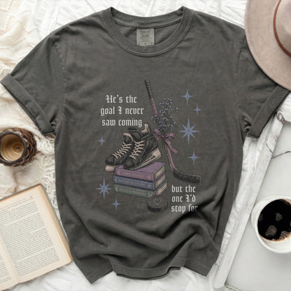 Dark grey t-shirt with "He's the goal I never saw coming" and hockey elements.