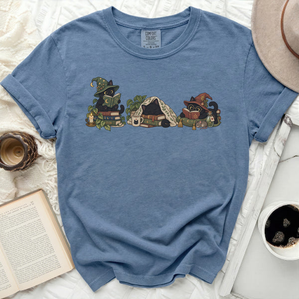 Bookish Witch Cats Tee in Blue Jean