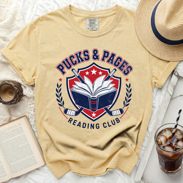 Pucks & Pages Reading Club Hockey Tee in Butter