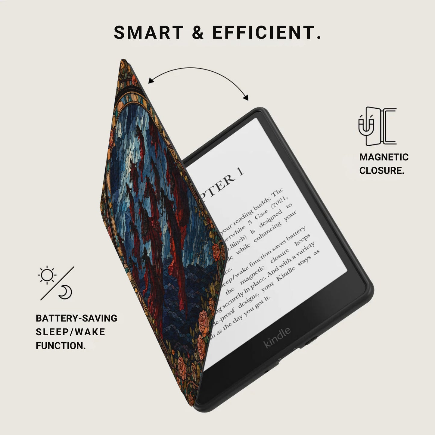Kindle with decorative case, magnetic closure, and battery-saving sleep/wake function.