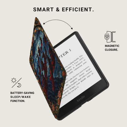 Kindle with decorative case, magnetic closure, and battery-saving sleep/wake function.