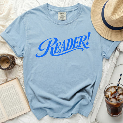Light blue t-shirt with "Reader!" in blue script text.
