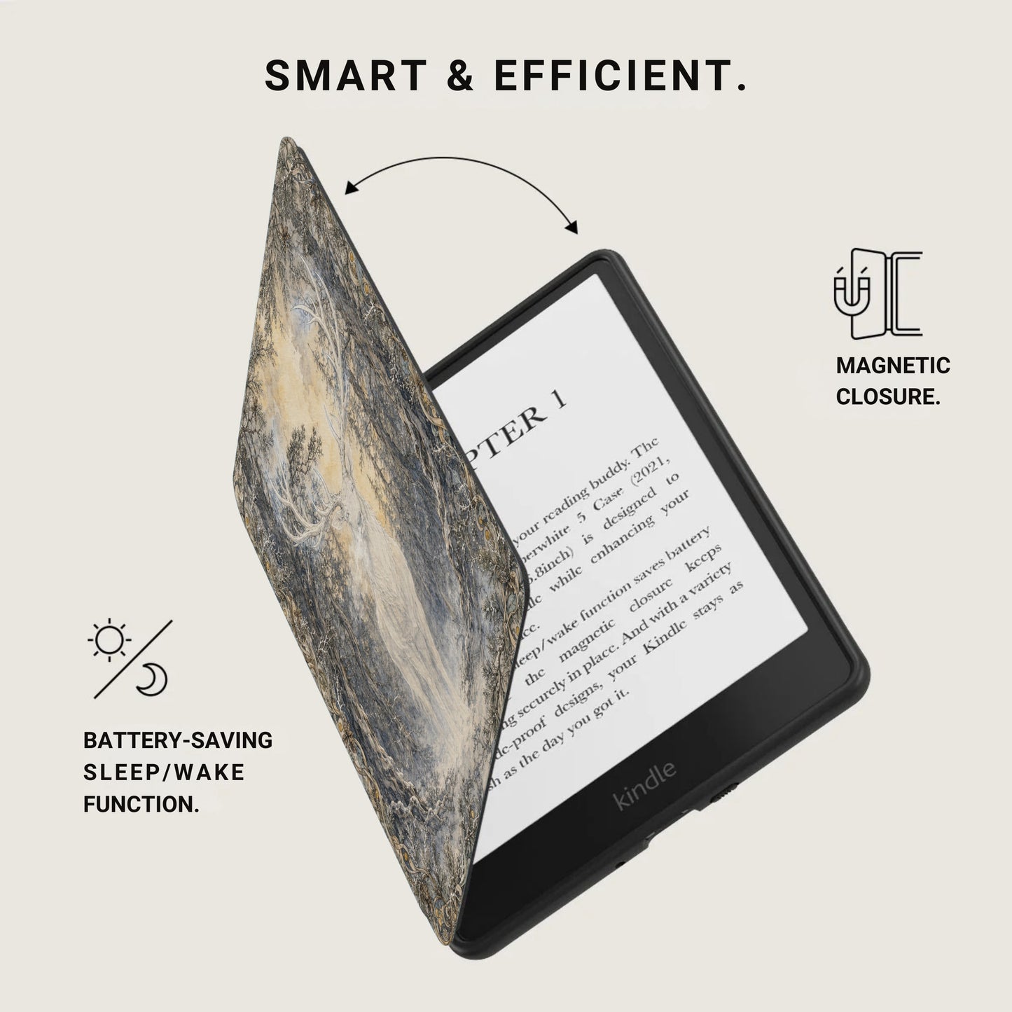 Kindle e-reader with a decorative cover, featuring magnetic closure and battery-saving functions.