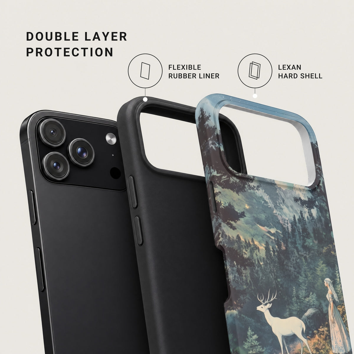 Exploded diagram of a dual-layer phone case showing a black rubber liner and a decorative hard shell.