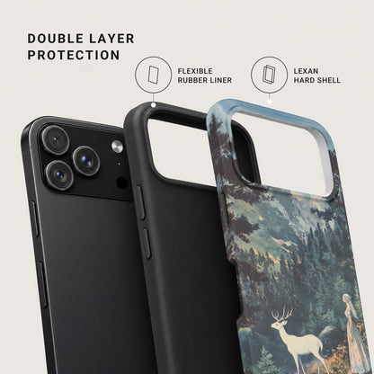 Exploded diagram of a dual-layer phone case showing a black rubber liner and a decorative hard shell.