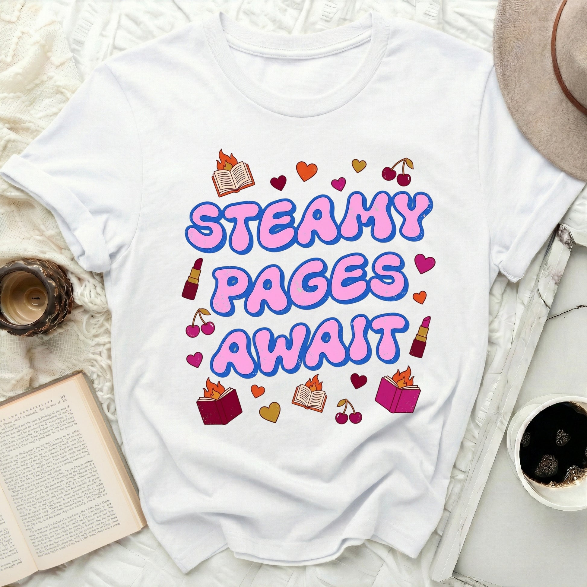 STEAMY PAGES AWAIT Bookish Romance Reader Print product type
Steamy Pages Await, Bookish, Reading Lover, Romance Novel, Graphic Tee, Bookworm Gift, Literary Print, Retro Design, Cute Hearts, Cherry Accents, Lipstick Art, Bibliophile, Cozy Reader, Book Club, Womens Apparel, Fun T-shirt, Novelty Shirt, Unique Design, Gift Idea, Pop Culture