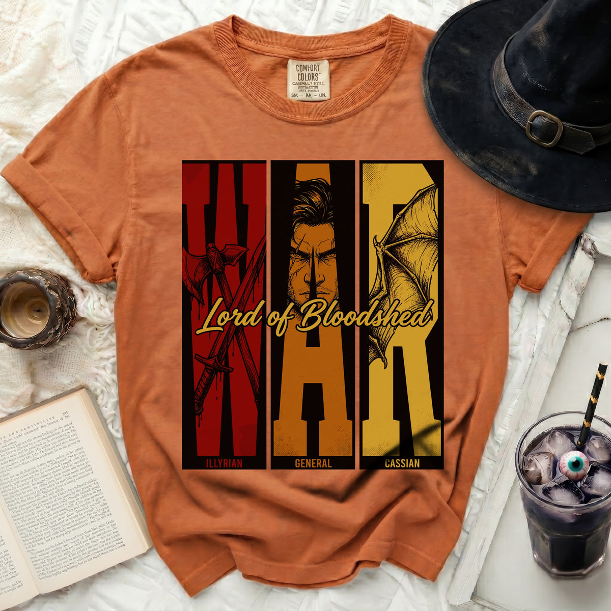 Orange t-shirt with "Lord of Bloodshed" and illustrations of WAR.