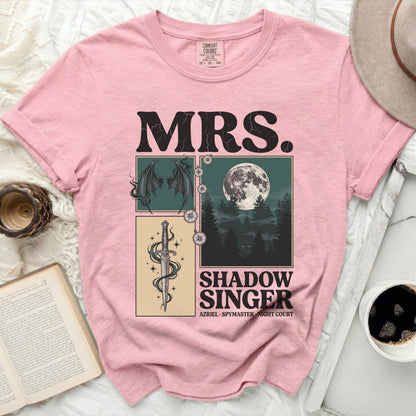 Pink t-shirt with "Mrs. Shadow Singer" graphic featuring moon, dragon wings, and sword.