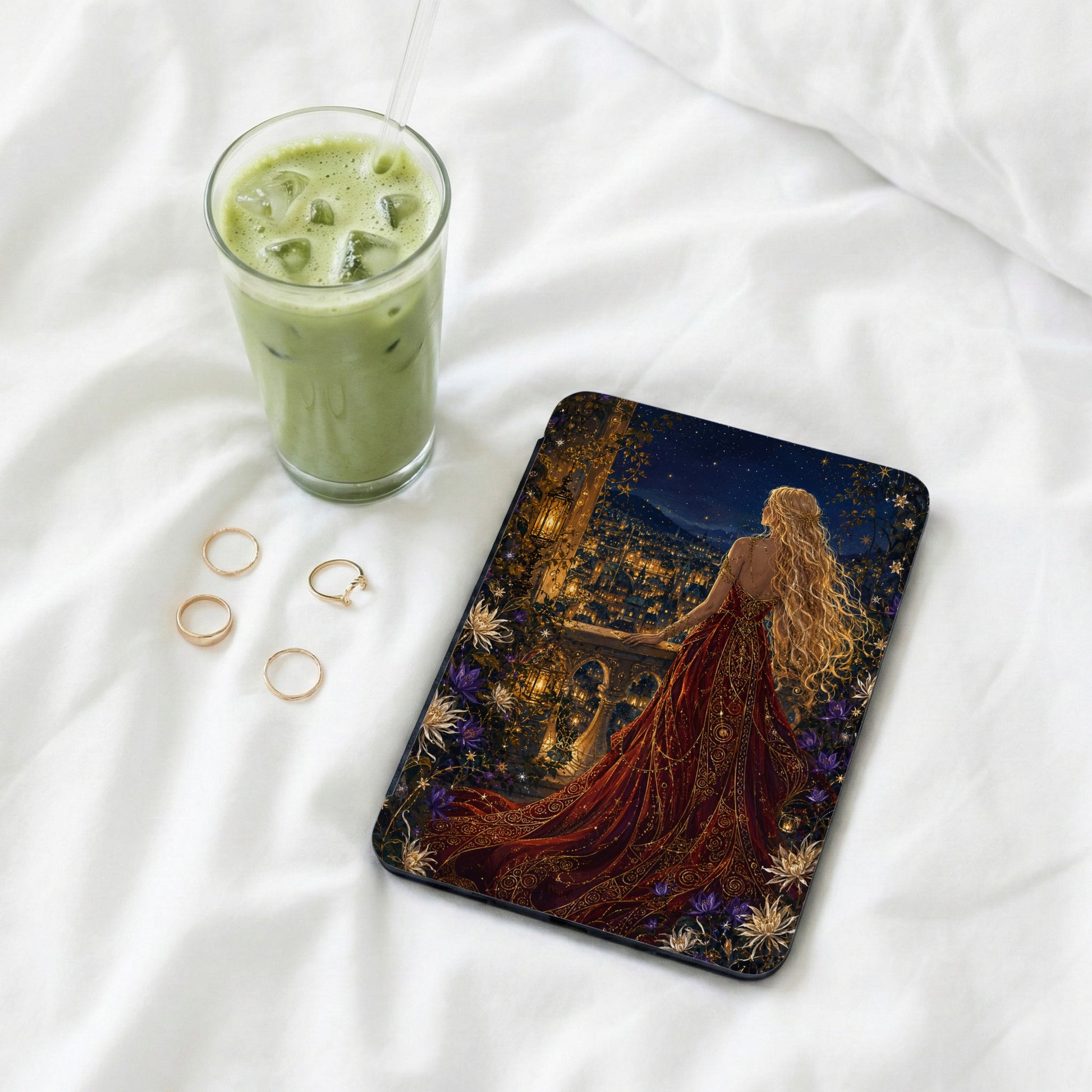 Woman in red dress on balcony overlooks city at night on etched phone case.