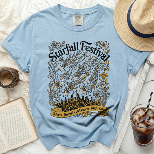 Light blue t-shirt with "Starfall Festival" and "Velaris Annual Celebration Night Court" text.