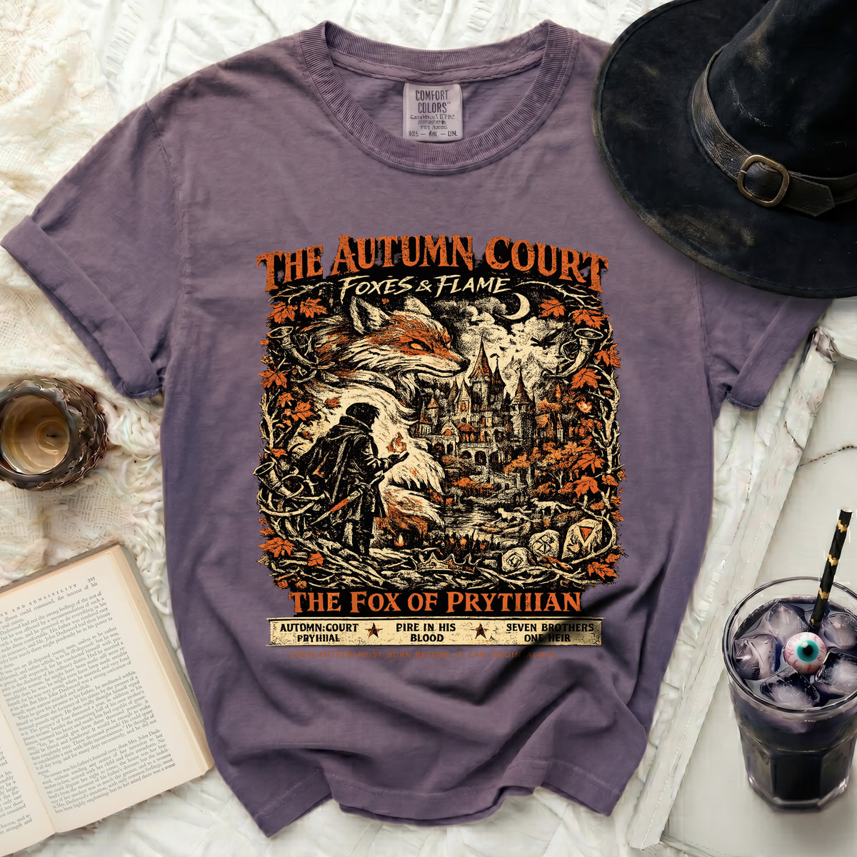 Purple t-shirt with "The Autumn Court" and fox artwork.