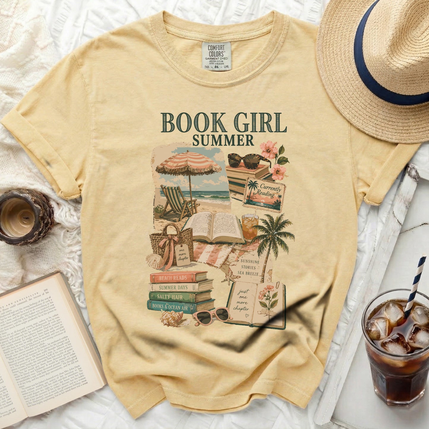 Yellow t-shirt with "Book Girl Summer" text and beach-themed graphics.