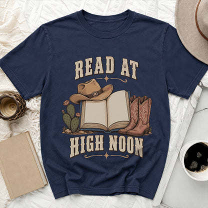 Navy t-shirt with "Read At High Noon" text, cowboy hat, boots, and cacti.