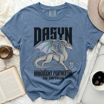 Blue t-shirt with a white dragon design, text DASYN, IRIDESCENT FEATHERTAIL, THE EMPYREAN.