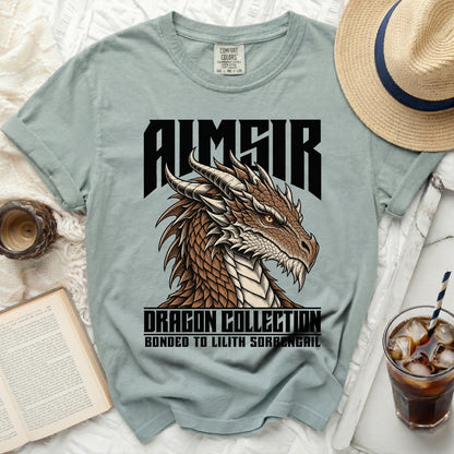 T-shirt with a dragon head graphic and text "AIMSIR DRAGON COLLECTION".