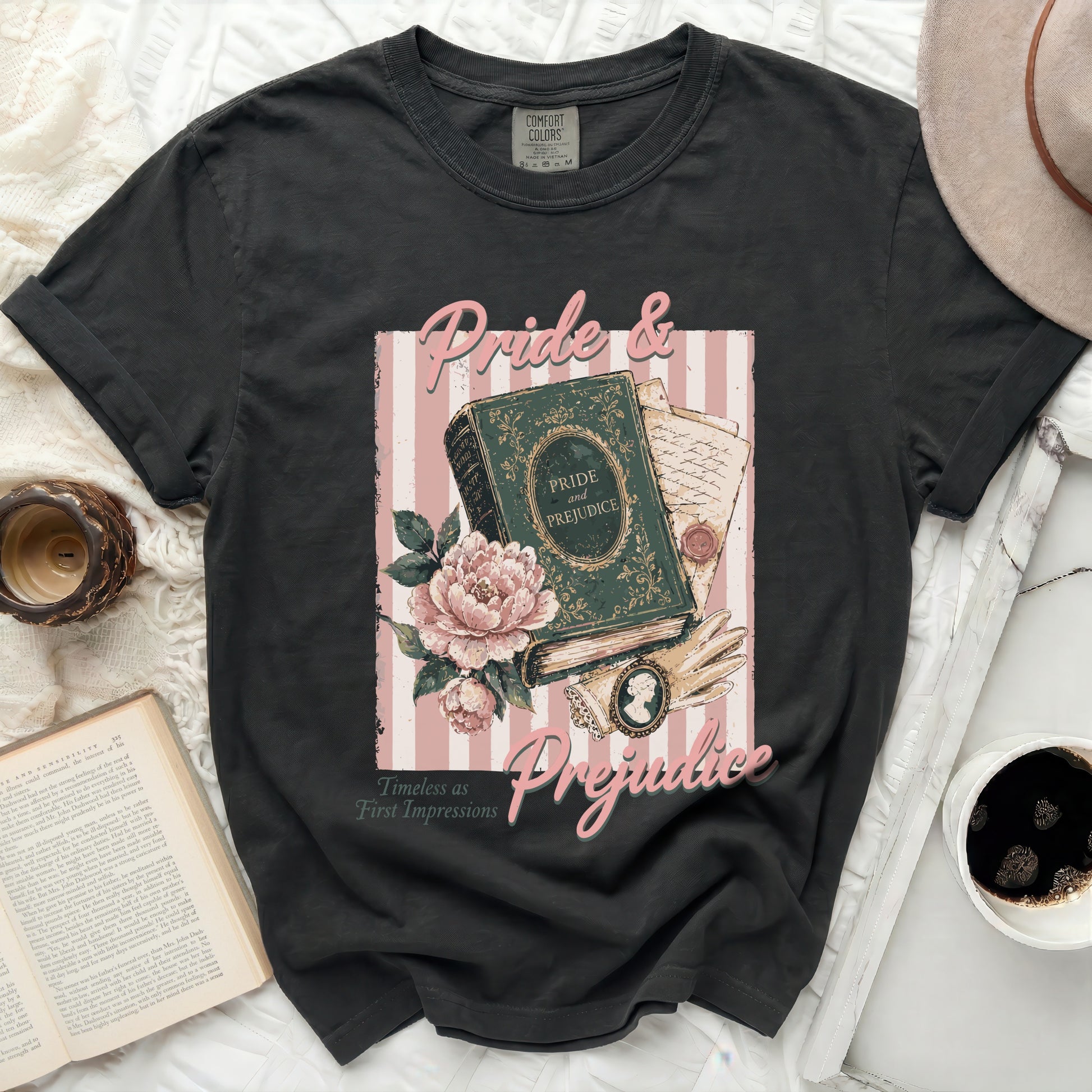 Comfort Colors t-shirt with vintage Pride and Prejudice book graphic.