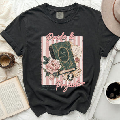 Comfort Colors t-shirt with vintage Pride and Prejudice book graphic.