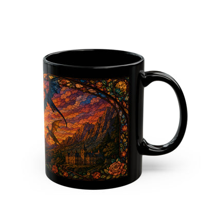 Black mug with a stained-glass design of dragons flying over a castle at sunset.