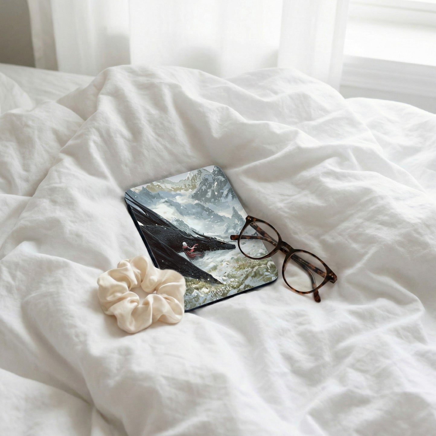 Epic fantasy dragon snowy peaks person art device product type