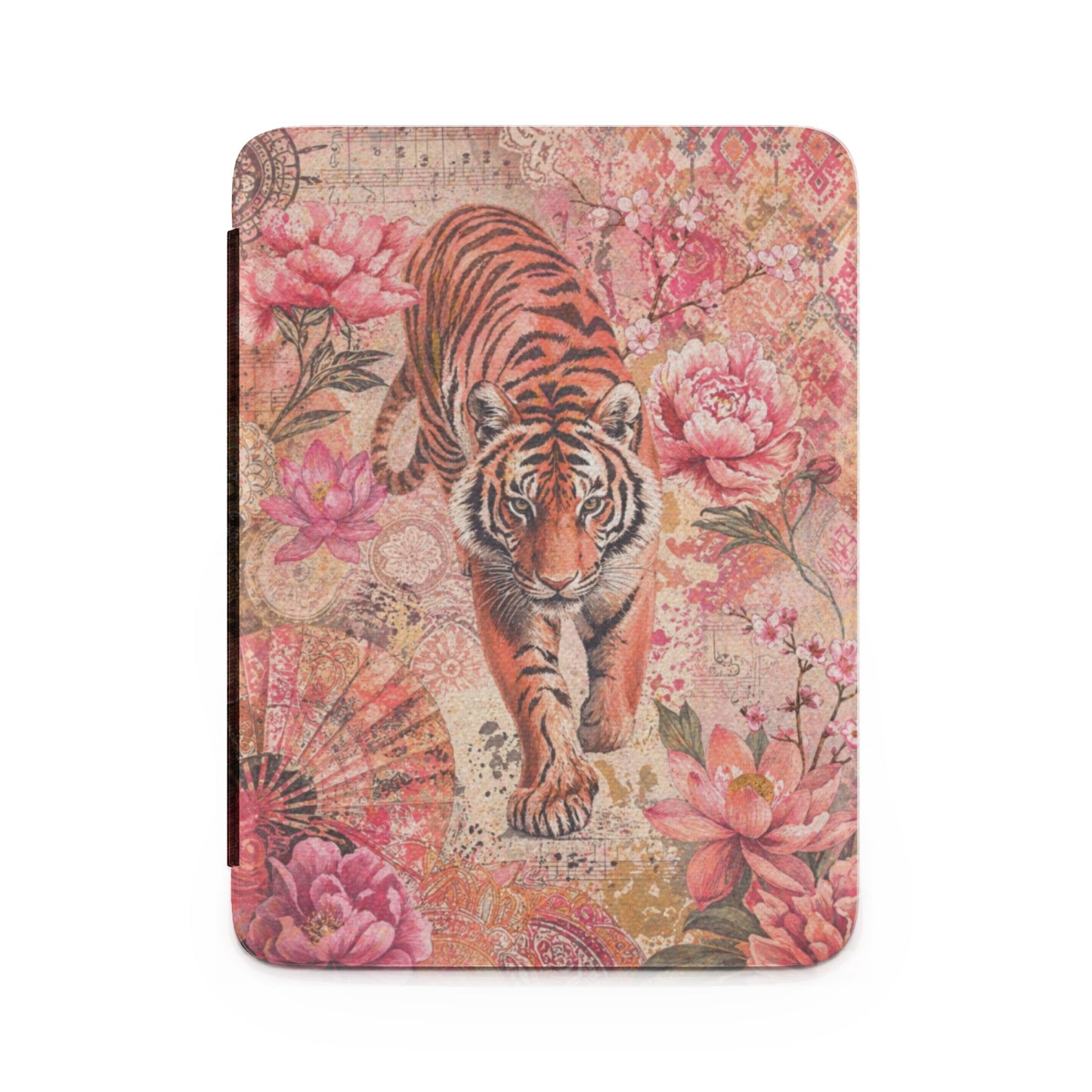 Tiger and peonies on a vintage-inspired journal with fan and musical notes.