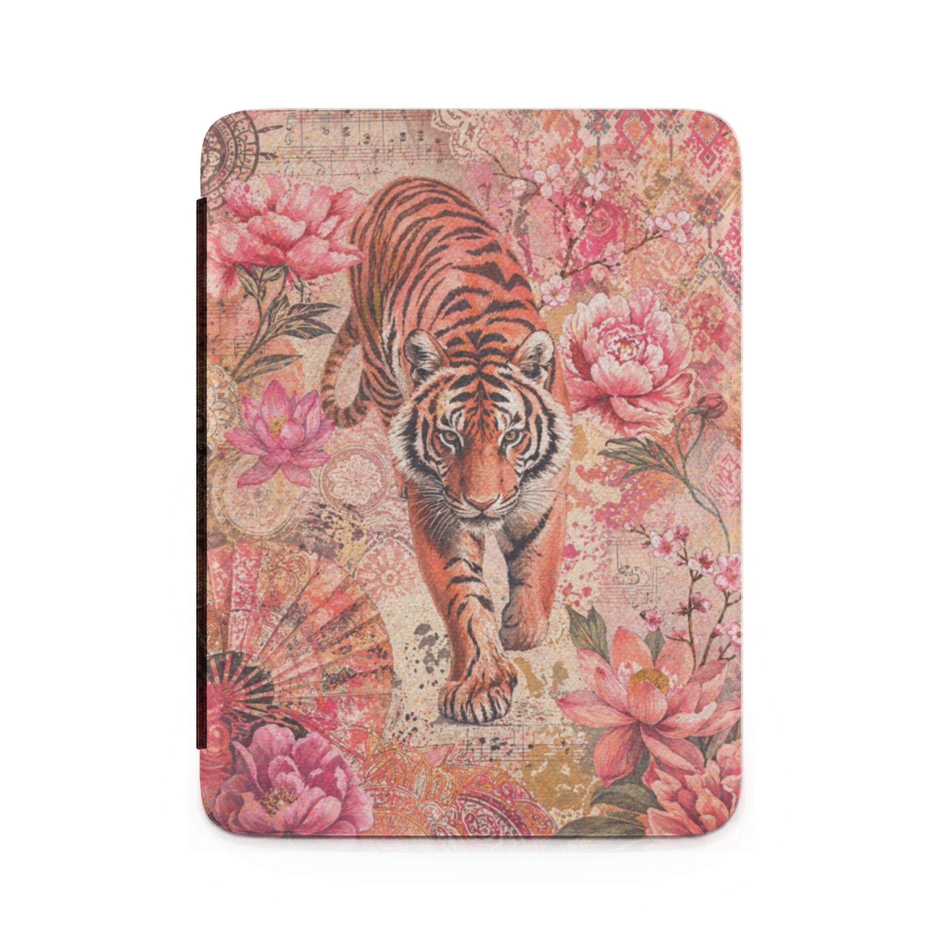 Tiger and peonies on a vintage-inspired journal with fan and musical notes.