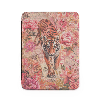 Tiger and peonies on a vintage-inspired journal with fan and musical notes.