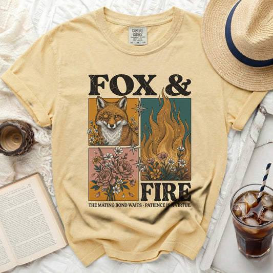 Yellow Comfort Colors t-shirt with "FOX & FIRE" graphic and celestial imagery.