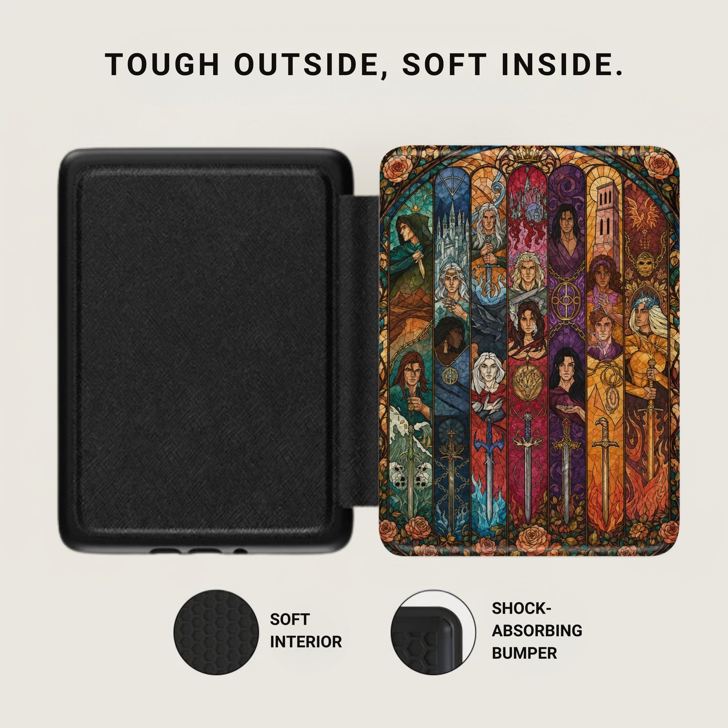 Black case with stained glass art featuring figures and swords, "Tough Outside, Soft Inside" text.