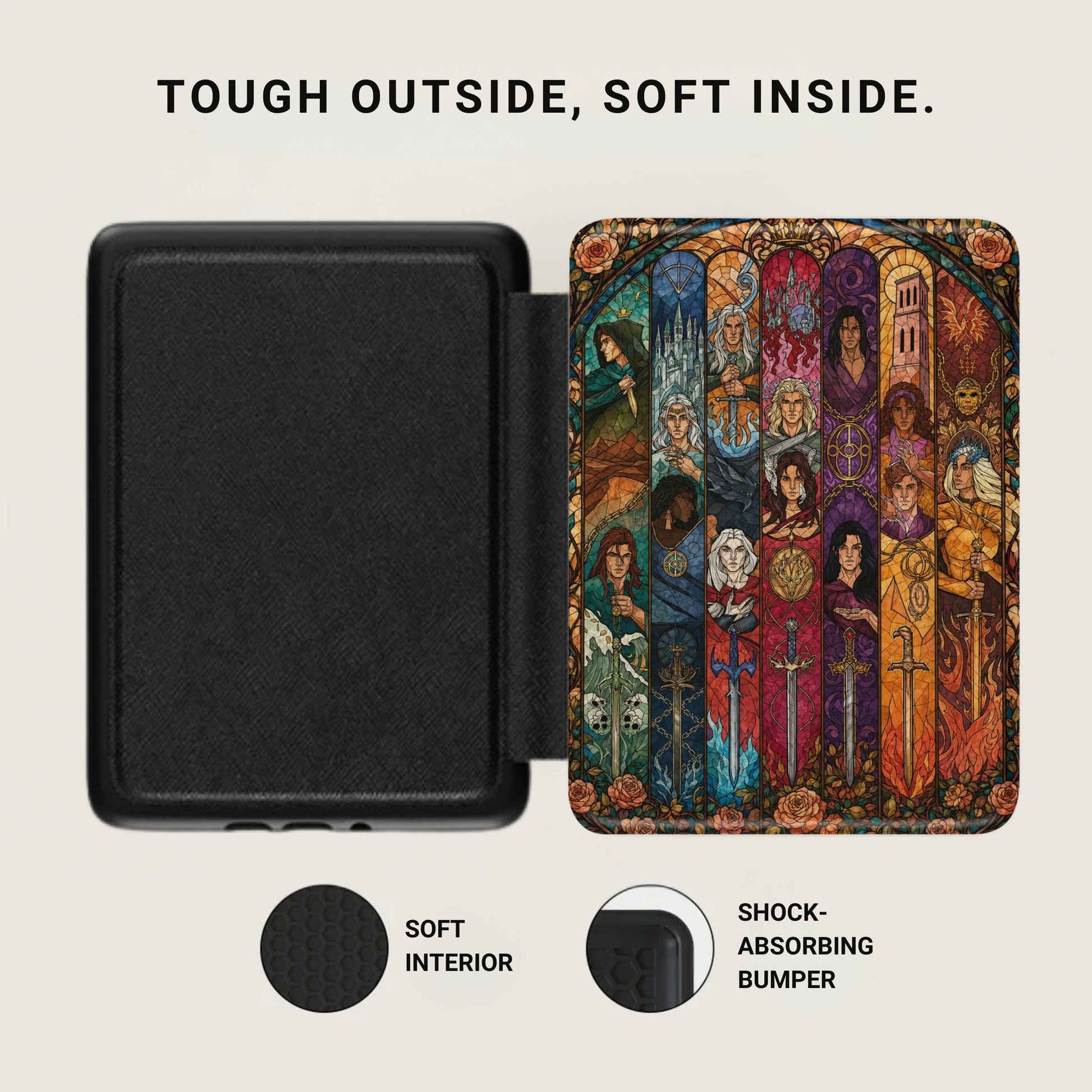 Black case with stained glass art featuring figures and swords, "Tough Outside, Soft Inside" text.