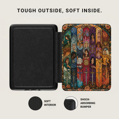 Black case with stained glass art featuring figures and swords, "Tough Outside, Soft Inside" text.