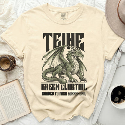 Cream t-shirt with green dragon graphic and text "TEINE GREEN CLUBTAIL BONDED TO MIRA SORRENGAIL".