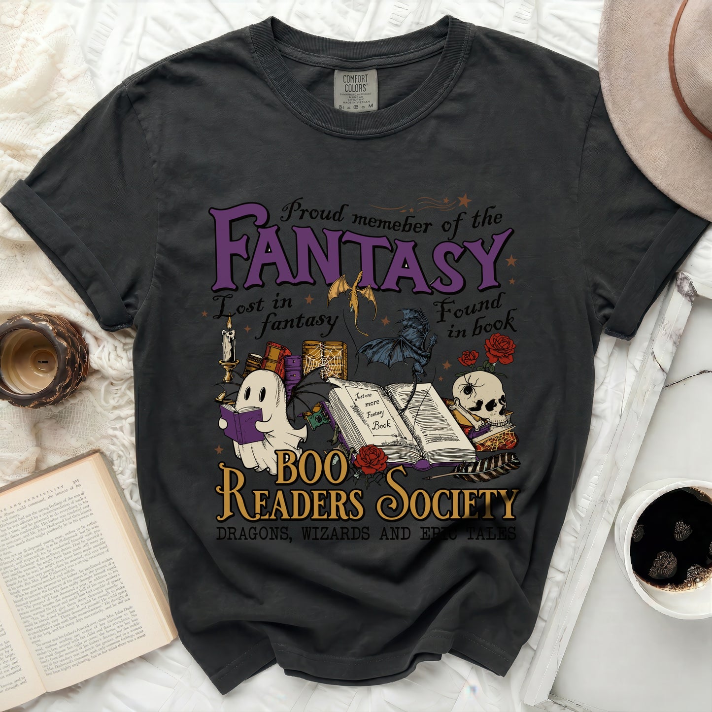 Black t-shirt with a "Boo Readers Society" graphic featuring a ghost, books, skull, and dragons.