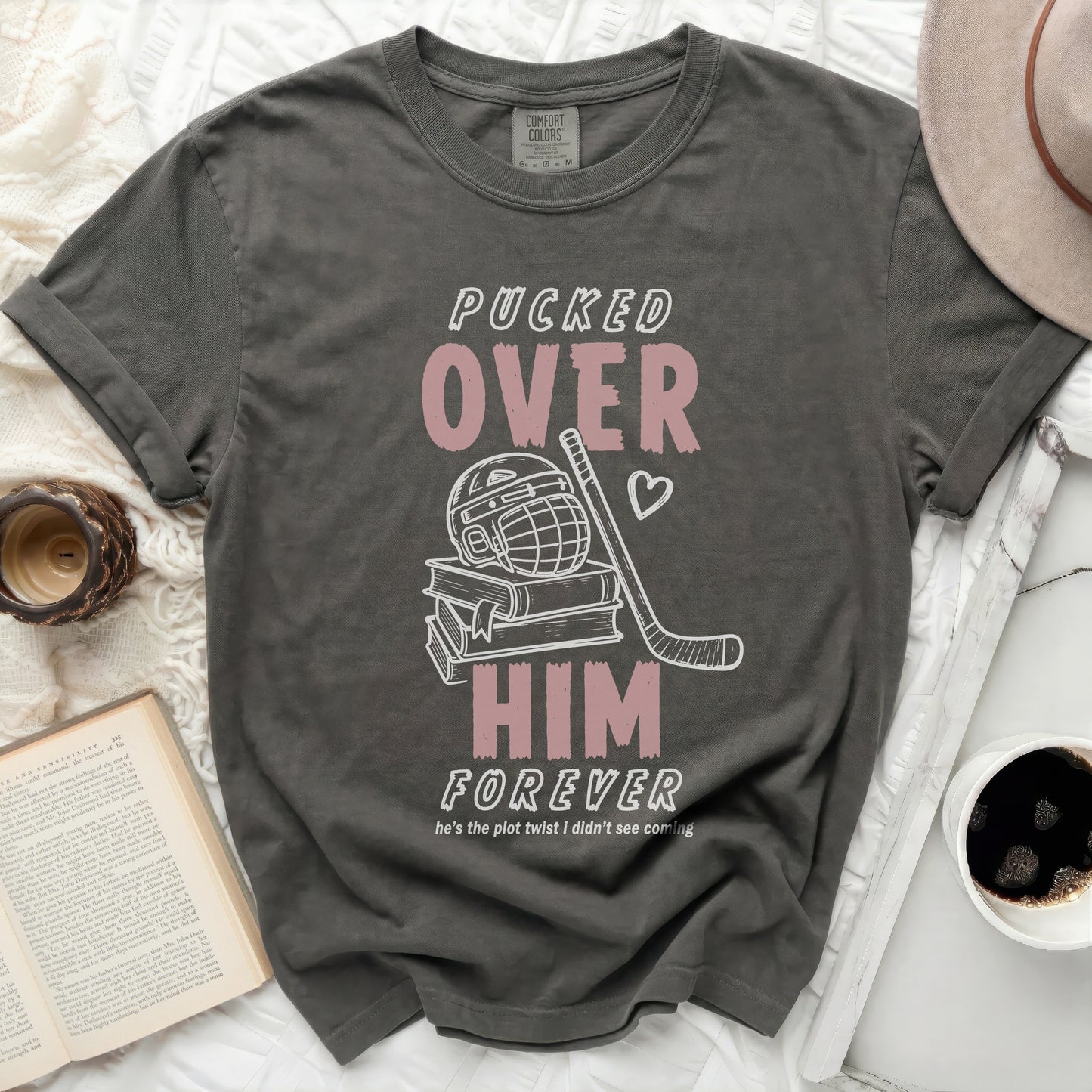 Dark grey t-shirt with "Puckered Over Him Forever" text and hockey graphics.