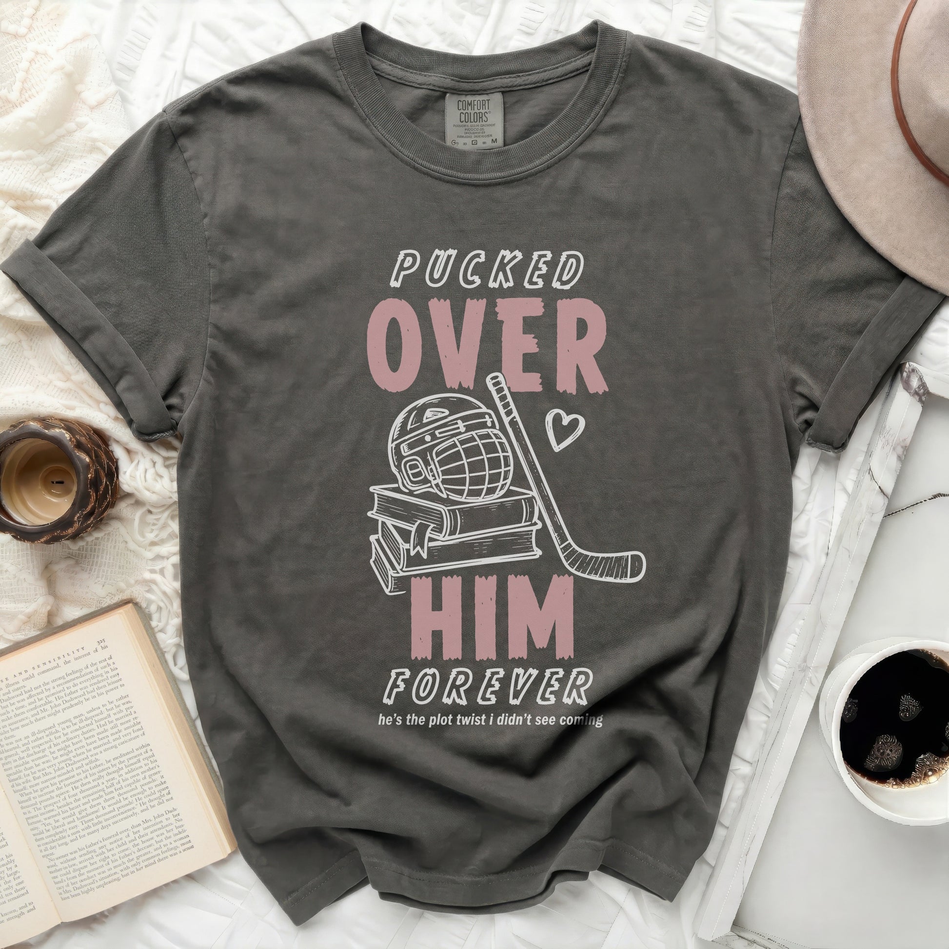 Dark grey t-shirt with "Puckered Over Him Forever" text and hockey graphics.