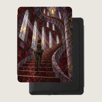 Woman ascends ornate staircase with stained glass windows and sunbeams.