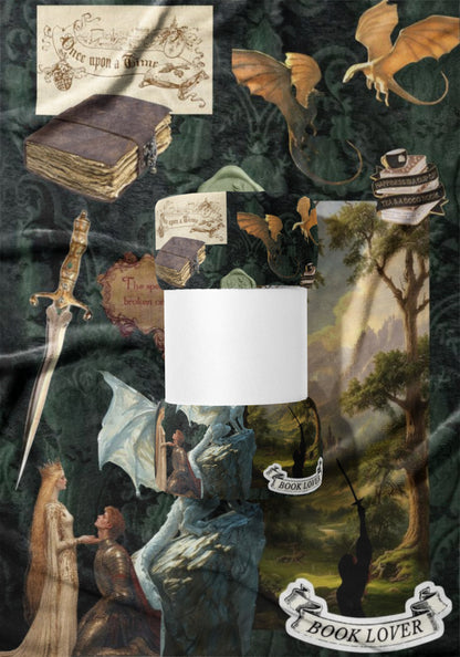 Fantasy collage with dragons, knights, books, and swords, featuring text "Once upon a time" and "Book Lover".