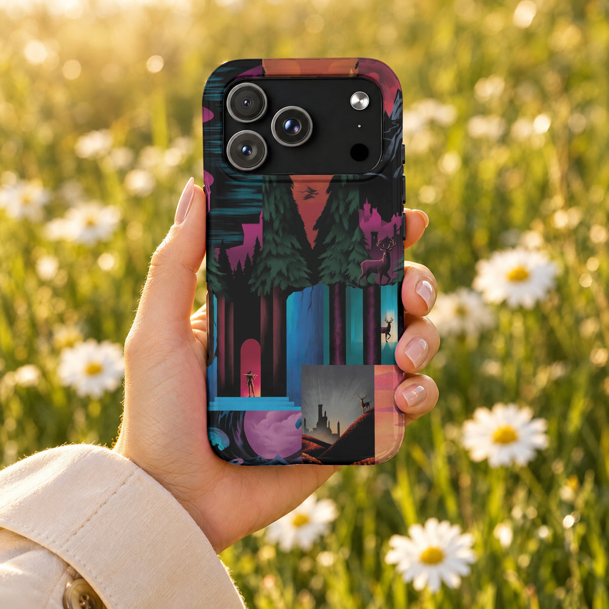 A hand holds a smartphone featuring a colorful fantasy landscape case against a blurry field of white flowers.