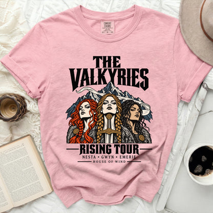 Pink t-shirt with "The Valkyries Rising Tour" text and three women.