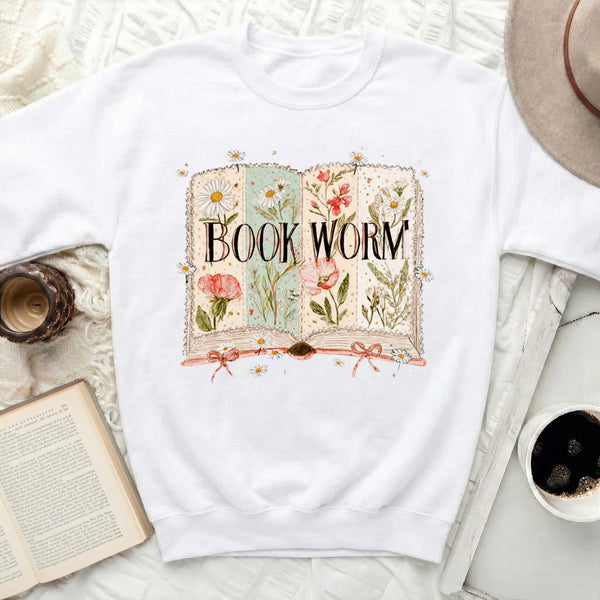 Floral Book Worm Sweatshirt in White