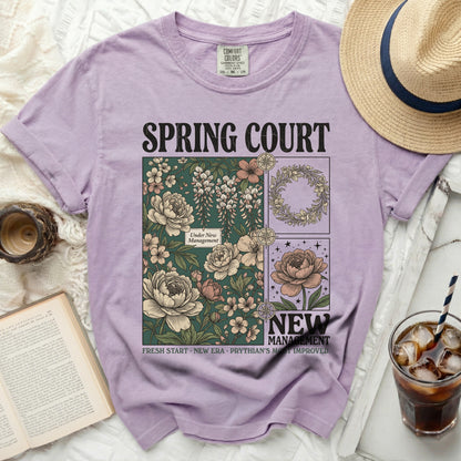 Purple t-shirt with "Spring Court" and floral design.