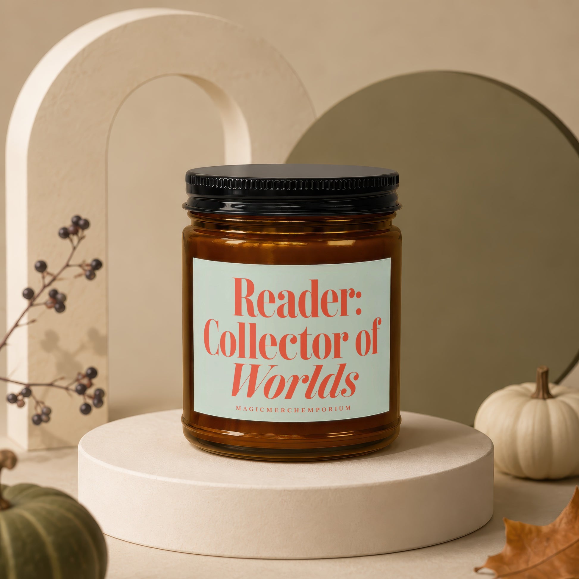 Brown glass candle with label "Reader: Collector of Worlds" on a pedestal.