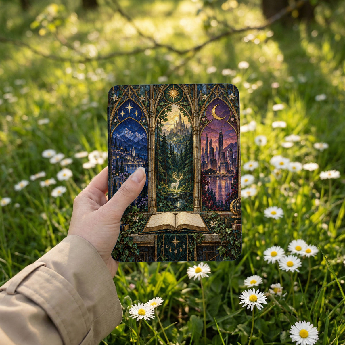 Hand holding a book with stained-glass depicting fantasy and cityscapes.