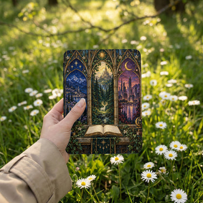 Hand holding a book with stained-glass depicting fantasy and cityscapes.