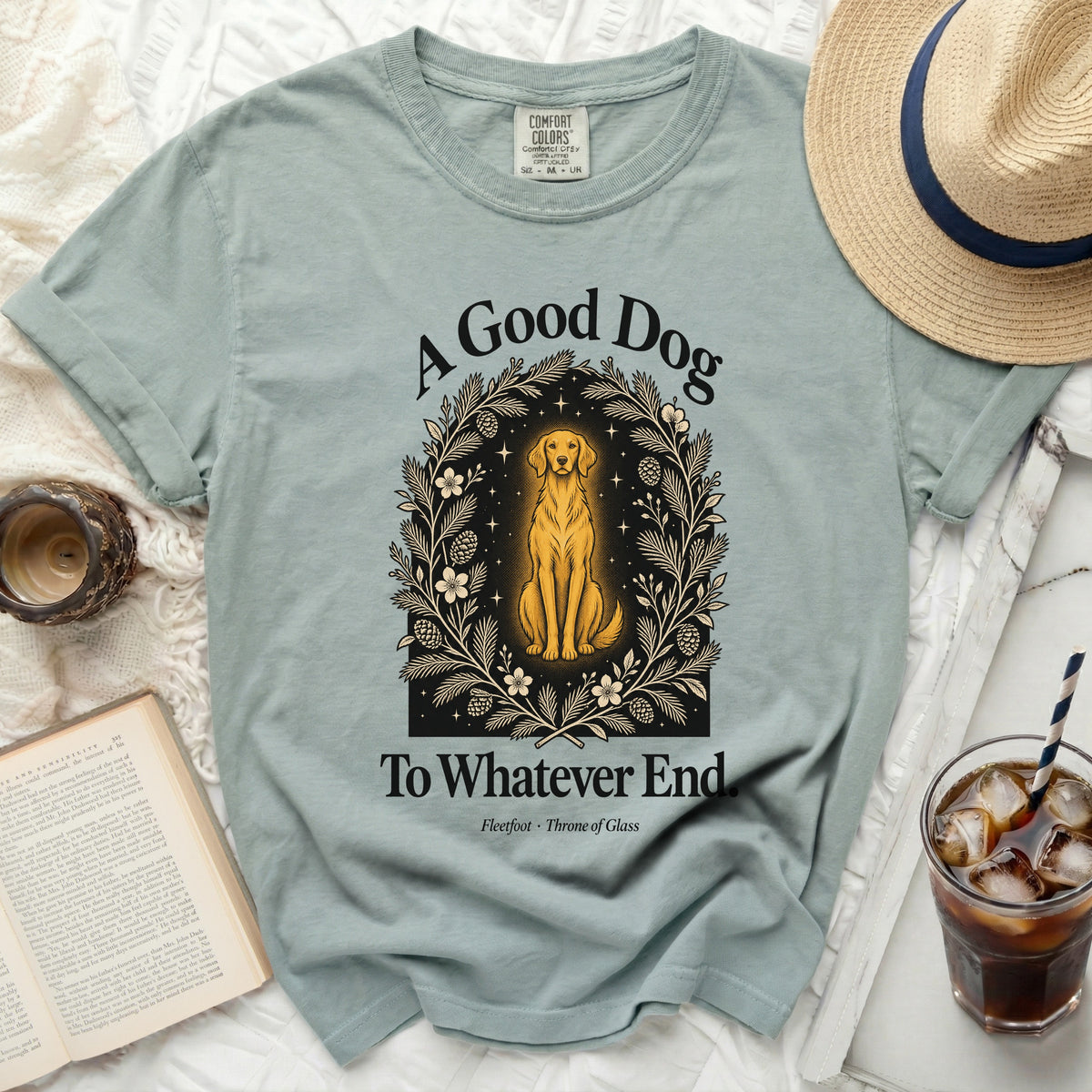 Light blue t-shirt with "A Good Dog To Whatever End" and dog graphic.