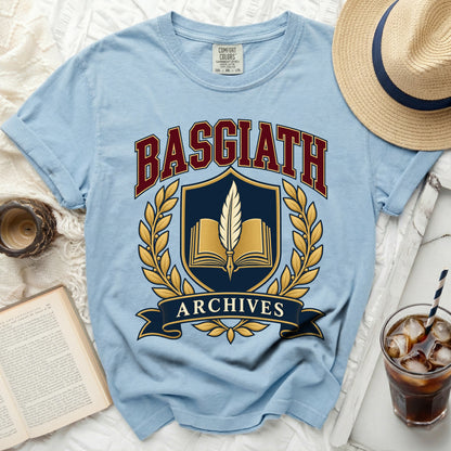 Light blue t-shirt with "BASGIATH ARCHIVES" crest and laurel wreath design.