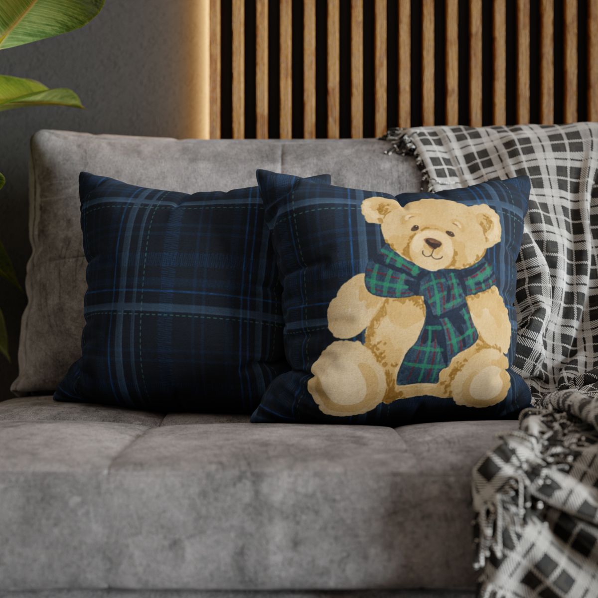 Cozy Teddy Bear and Plaid Decorative Cushion Set