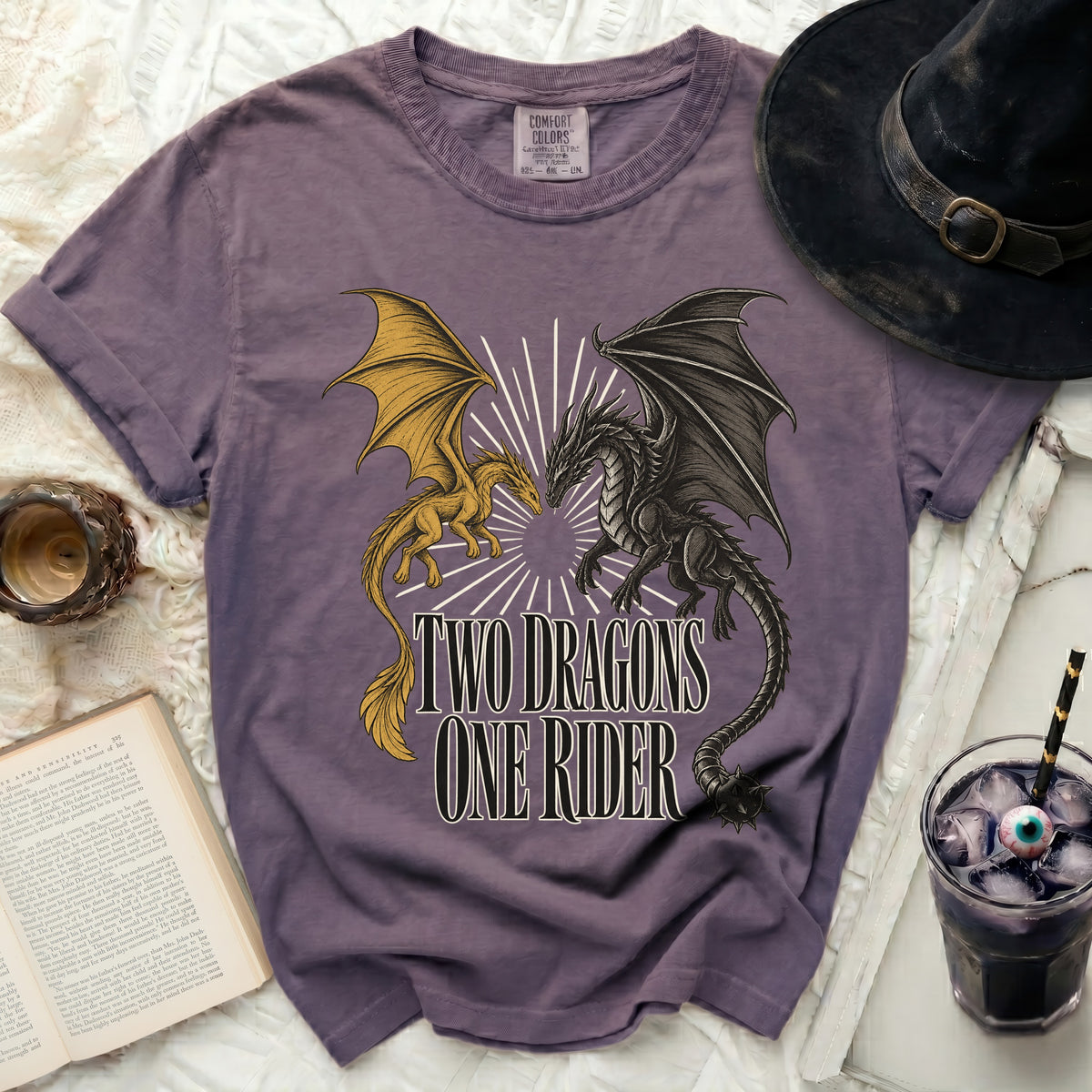 Purple t-shirt with "Two Dragons One Rider" text and dragon graphic.